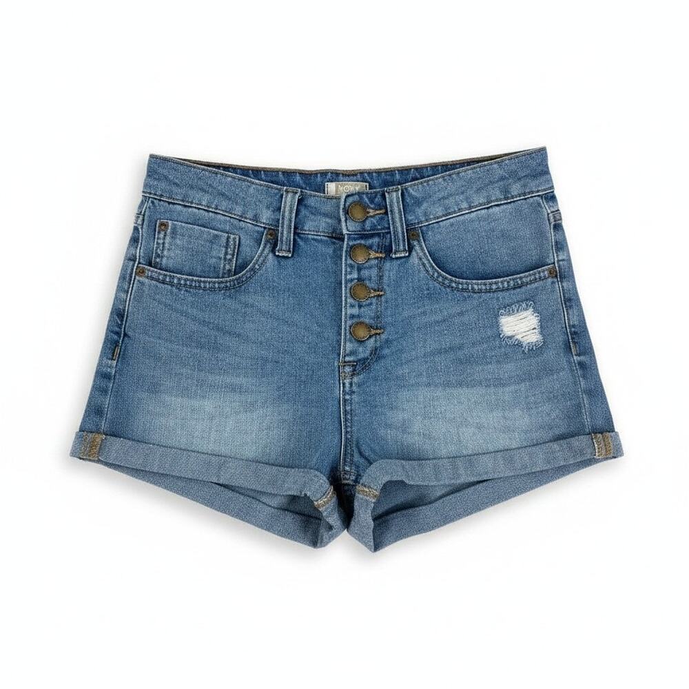 ROXY Womens Button Fly Cuffed Denim Jean Shorts Distressed Medium Wash 24 Summer